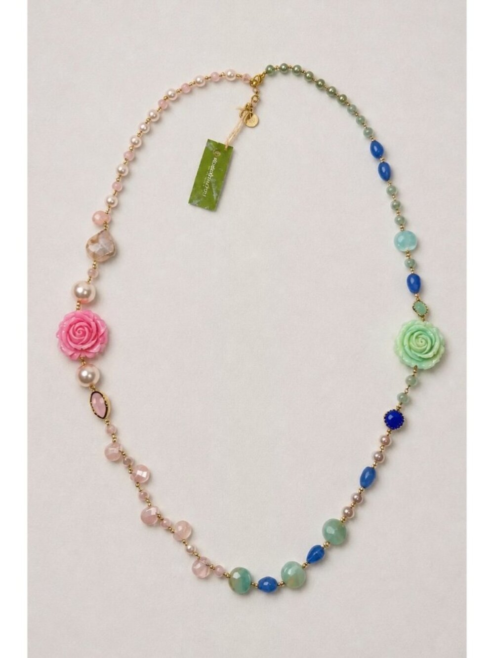 NWT Elizabeth Wahyu Carved Rose Gemstone Pearl Long Station Necklace Romantic